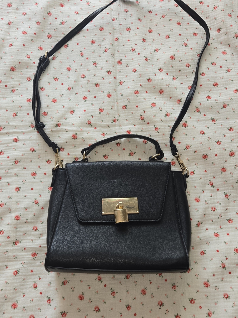 ALDO A Black Leather Top-Handle Crossbody Bag with Gold Lock